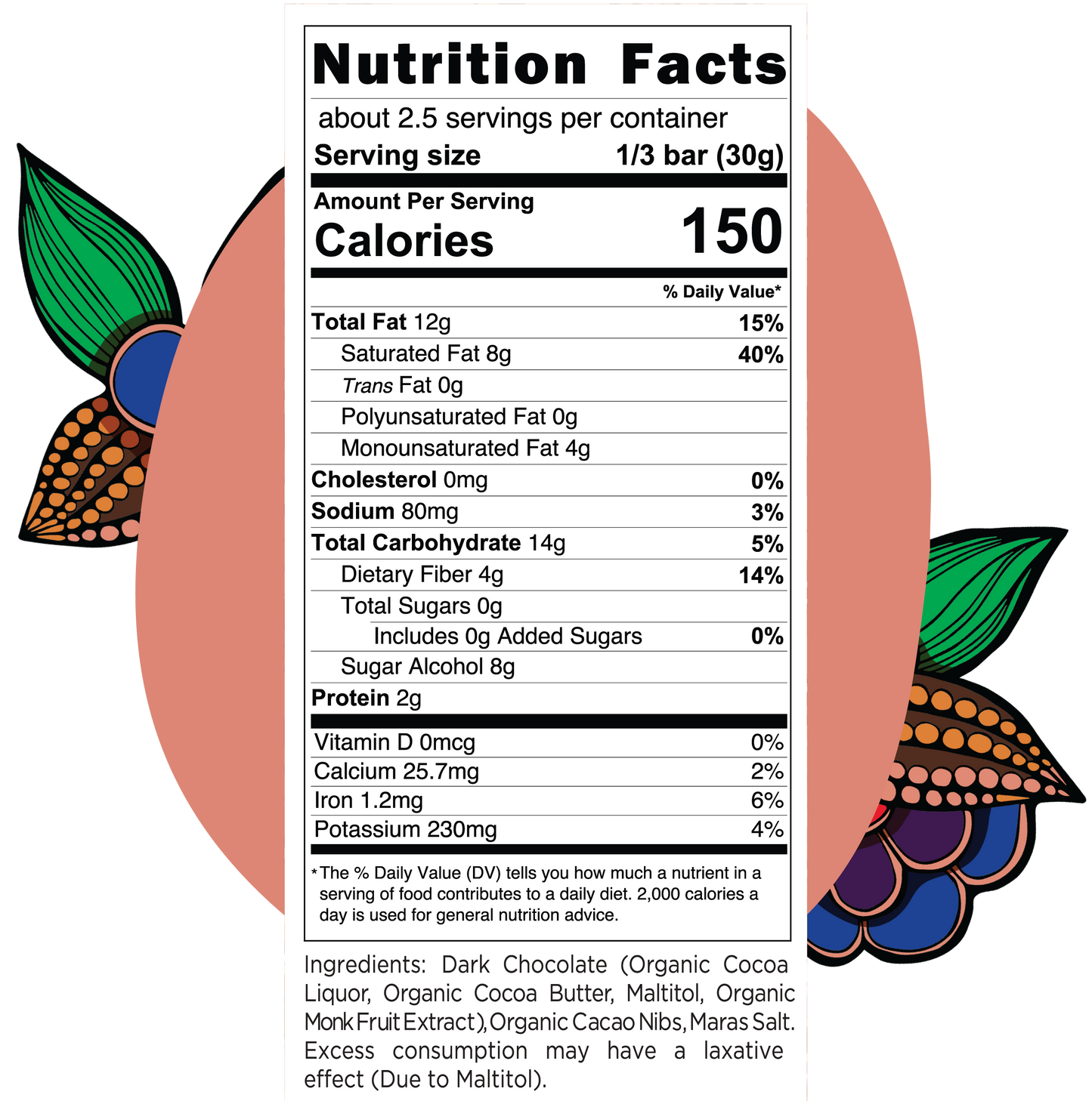 Cacao Nibs & Maras Salt Dark Chocolate Bar -No Sugar Added