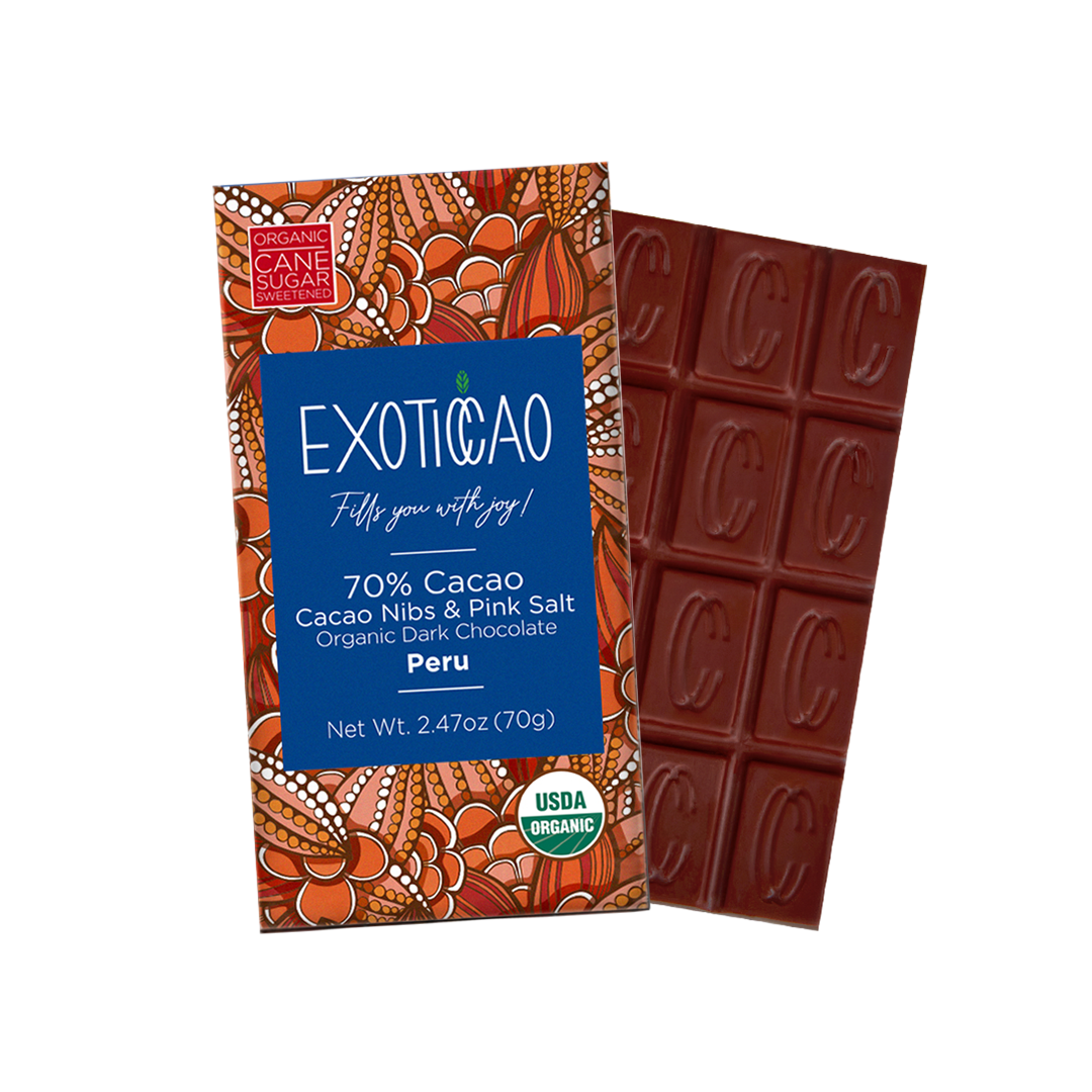 Cacao Nibs & Pink Salt Organic Dark Chocolate Bar