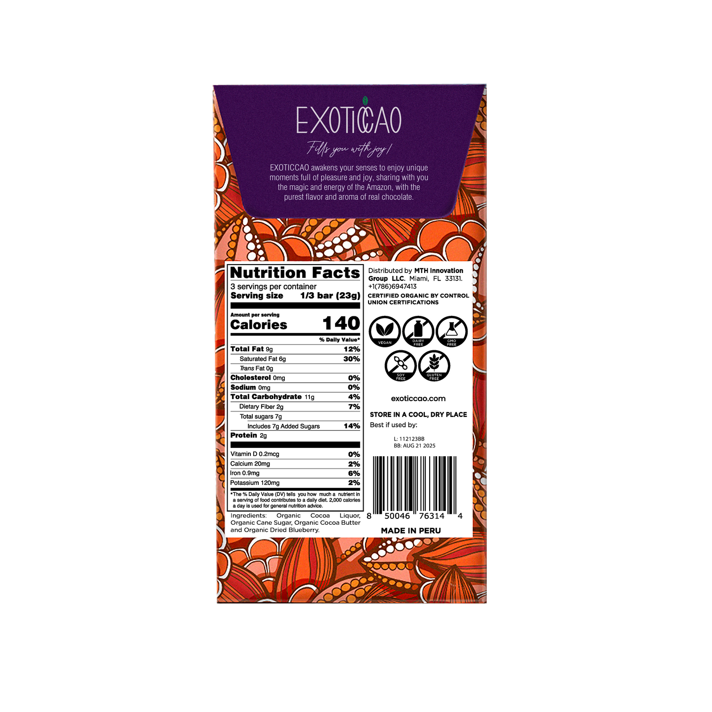 Blueberry Organic Dark Chocolate Bar