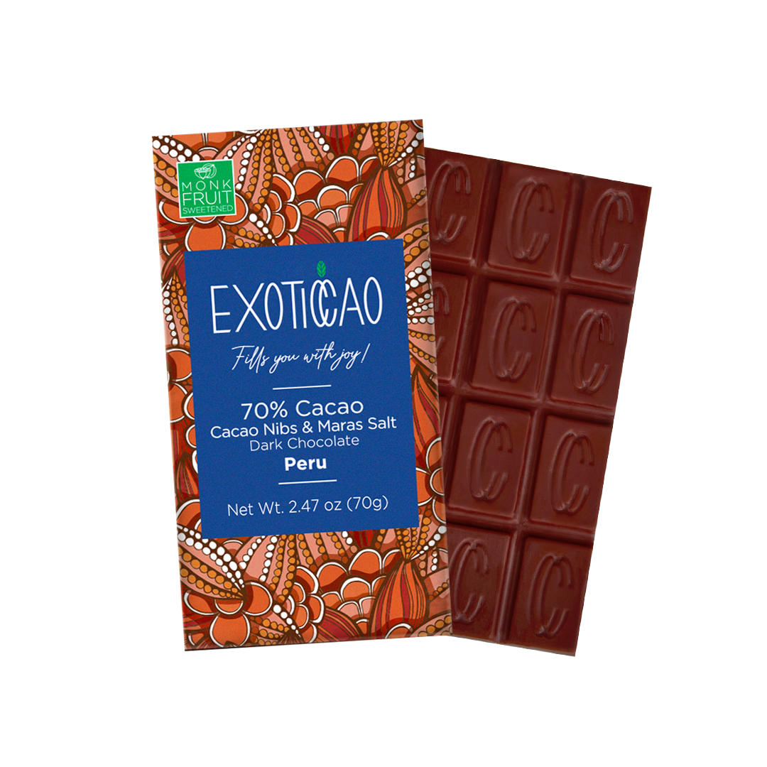 Cacao Nibs & Maras Salt Dark Chocolate Bar -No Sugar Added