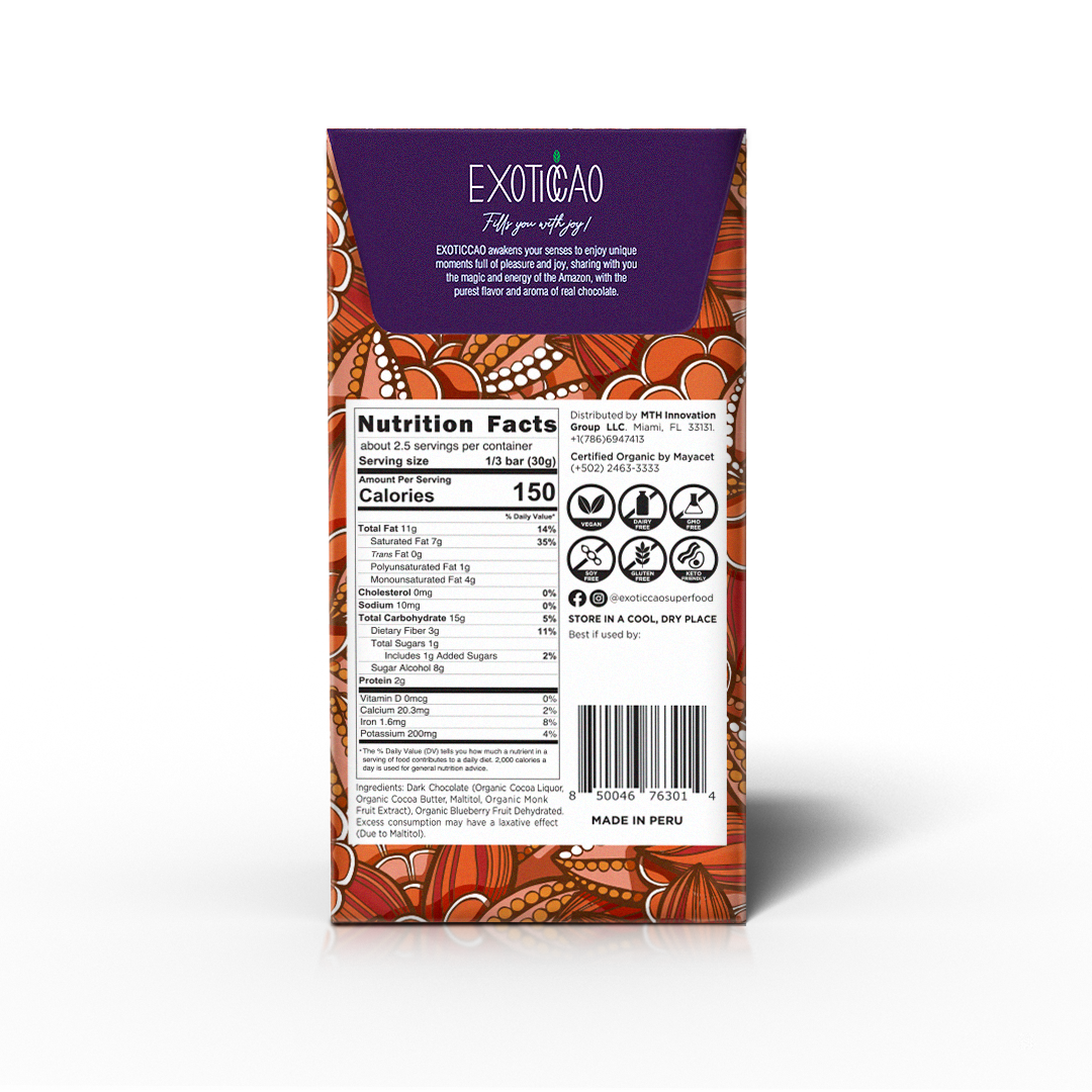 Blueberry Dark Chocolate Bar- No Sugar Added