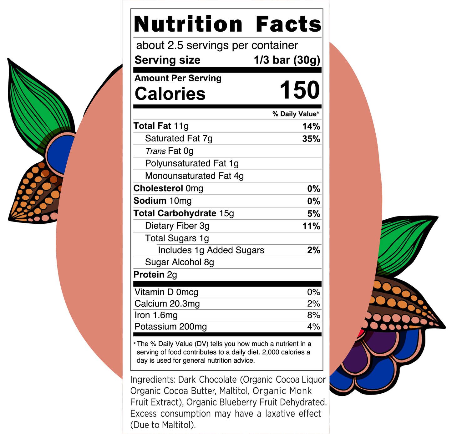 Blueberry Dark Chocolate Bar- No Sugar Added