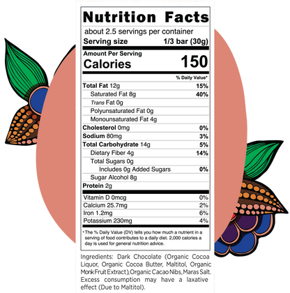 Cacao Nibs & Maras Salt  Dark Chocolate Bar -No Sugar Added