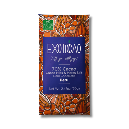 Cacao Nibs & Maras Salt  Dark Chocolate Bar -No Sugar Added